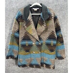 Vintage Roper Rodeo Blue Aztec Jacket Medium Silver Buttons Barn Chore Coat